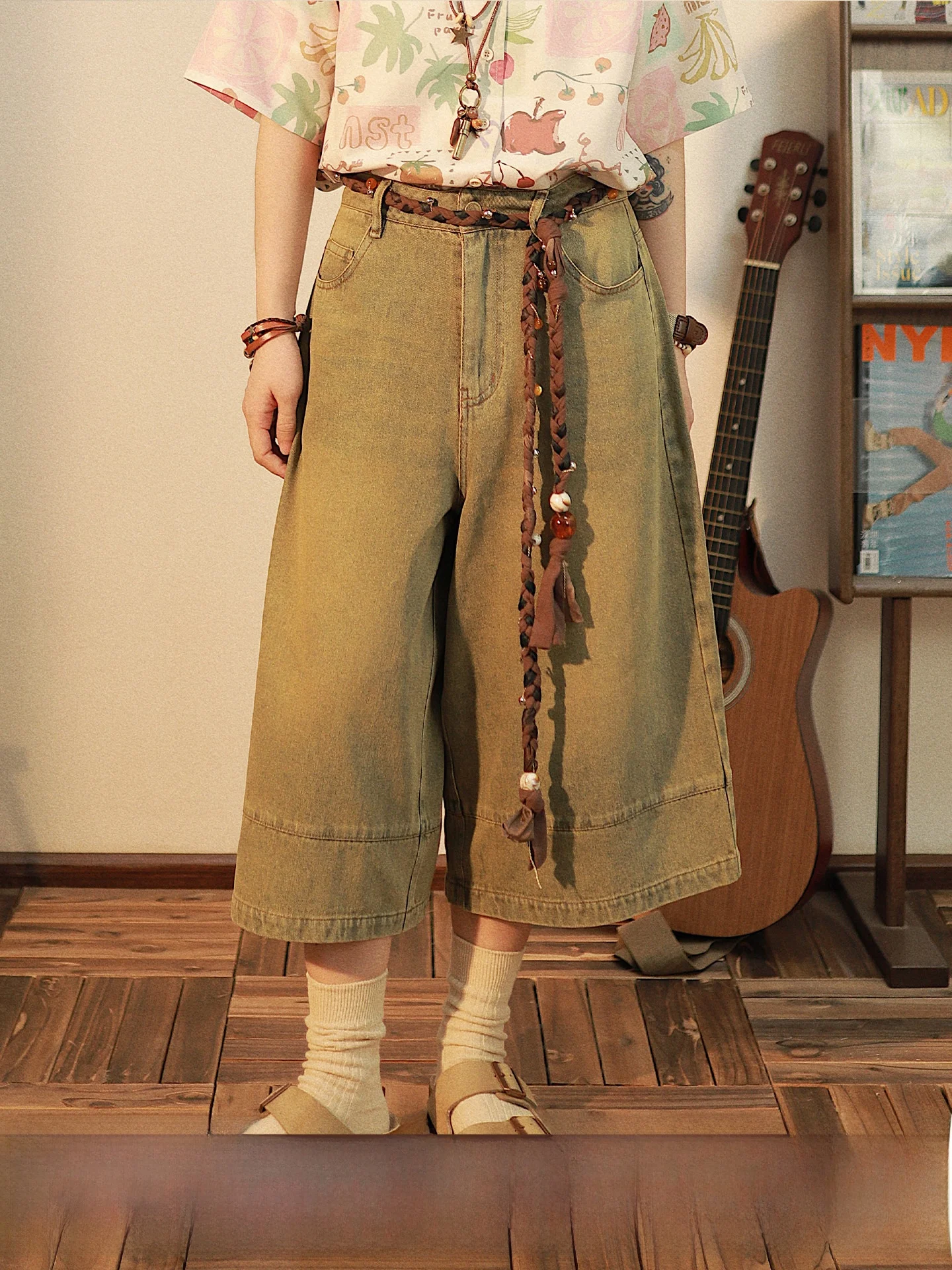 

Ретро-джинсы в американском стиле, женские, летние, свободные, с эффектом потертости, широкие штанины, средней длины, с высокой талией, свободного кроя