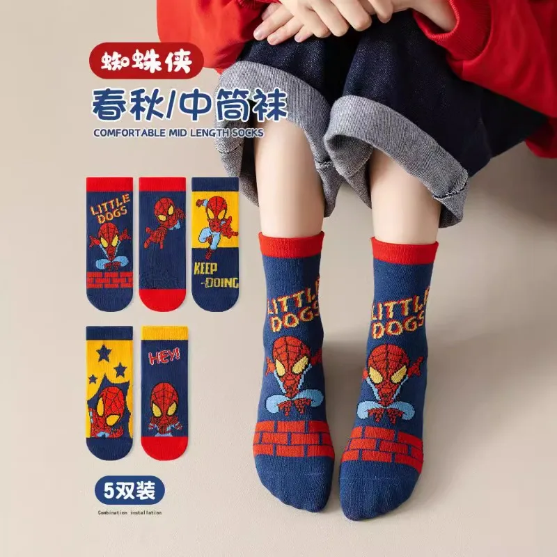 

5 Pairs Children Socks Spiderman Anime Kids Sock Kawaii Cute Cartoon Baby New Fall Winter Mid-calf Cotton Socks Boys Gifts 1-12Y