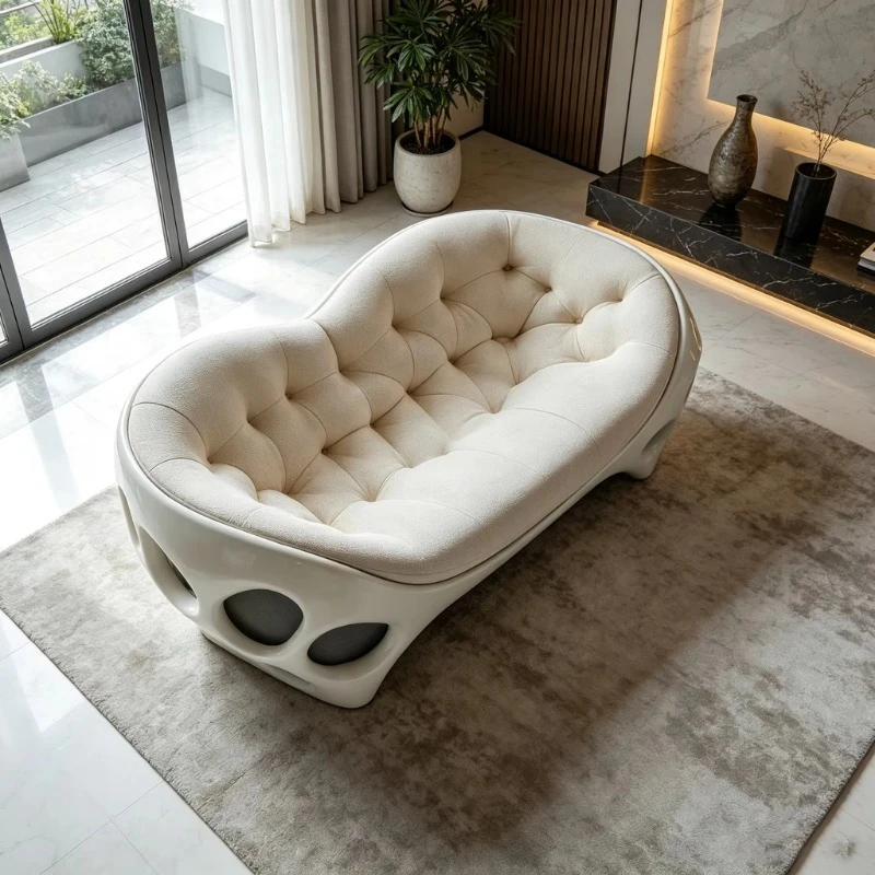 Two-seater irregular fiberglass sofa tufted linen interior sofa