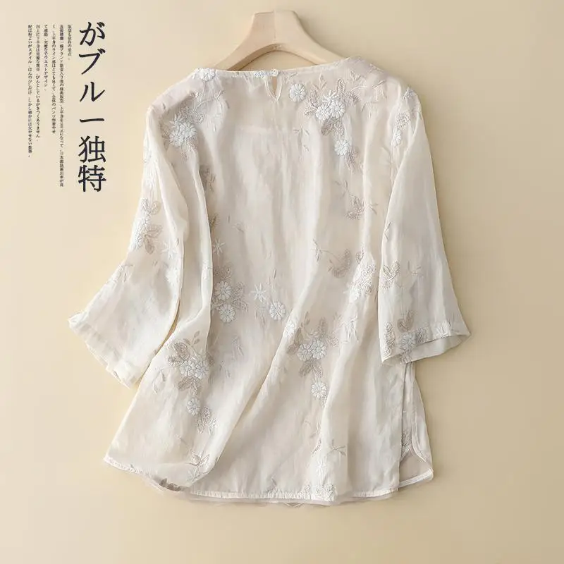 

Cotton and linen short-sleeved blouse women embroidered loose lightweight linen topYY115