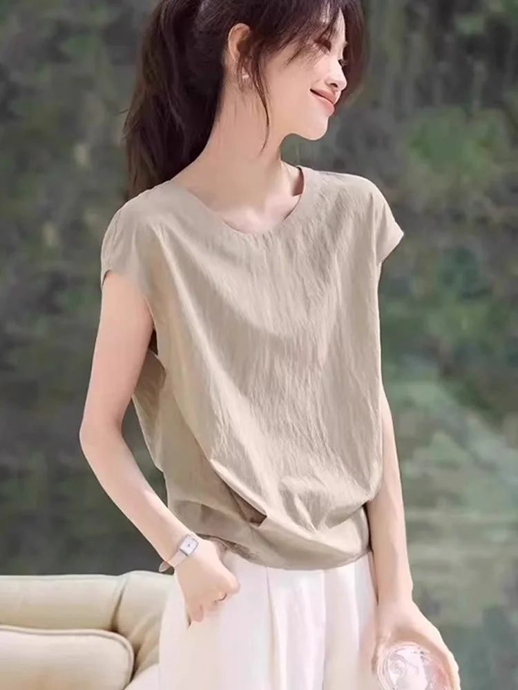 

Женская летняя футболка-топ Egmg с круглым вырезом, свободного кроя, модная, универсальная, белая, в корейском стиле