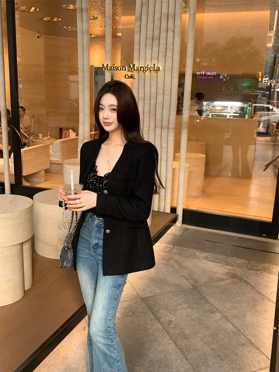 

Achi Bla Wool V-Ne Quilted Jaet Korean Sle Ele Single Button Long Sve Women's Faion Autumn Winter Coat