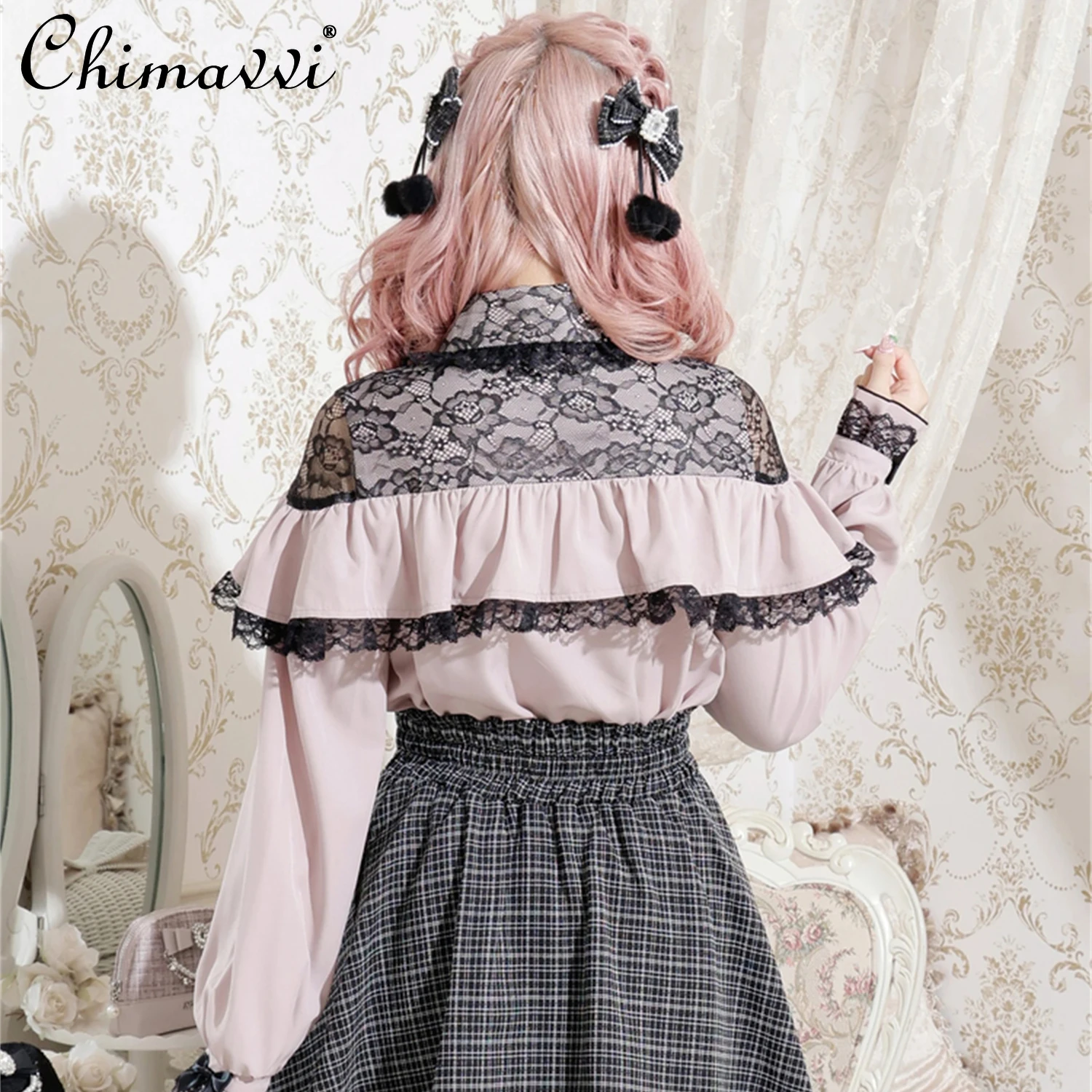 和菓子系可愛い地雷シリーズ量産型リボン付き長袖シャツ2025秋新作レース長袖ロリータブラウストップ