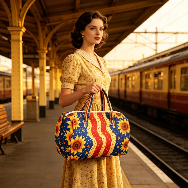 Birthday Gift Sunflower American Flag Travel Bag, 2Pcs Weekender Duffel Tote with Cosmetic Bag