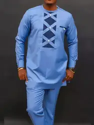 Traje de 2 piezas para hombre, conjunto de Color sólido con costuras y pantalones, estilo étnico africano, novedad de 2023