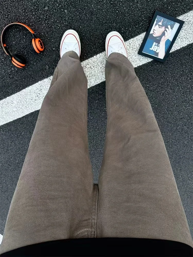 

Мужские джинсы Cleanfit из коричневого денима, прямого свободного кроя, для работы, зимние, со средней посадкой, на молнии, классический прямой фасон