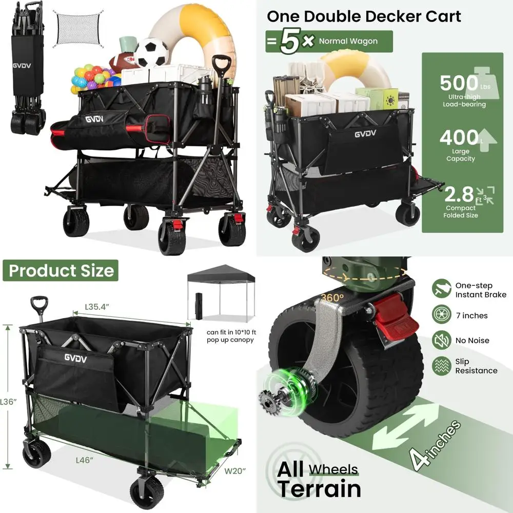 All-Terrain Double Decker Wagon with 500 LB Capacity and 400L Collapsible Carts, 46-Inch Extendable Cart with Nylon for Outdoor