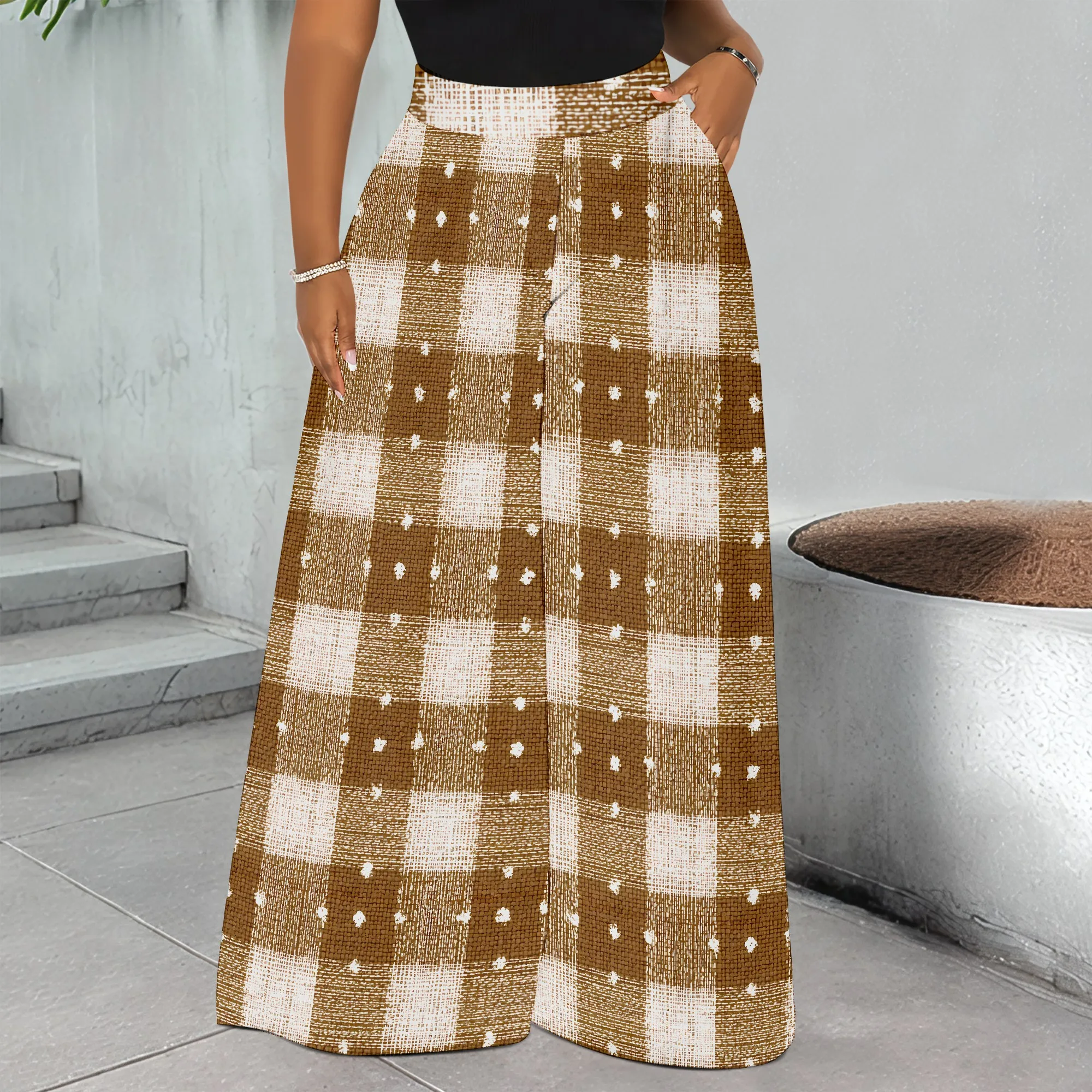 

Brown Plaid Print Wide Leg Pants, Casual Checkered Trousers, High Waist Palazzo Pants for Women, Summer Beach Wear, S-2XL