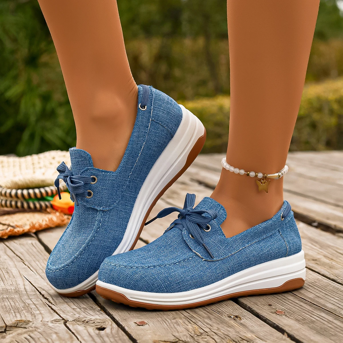 

Women Fashion Sneakers Spring Autumn Versatile Thick-soled Vulcanized Shoes Women Round-toed Lace-up Wedge Casual Sneakers