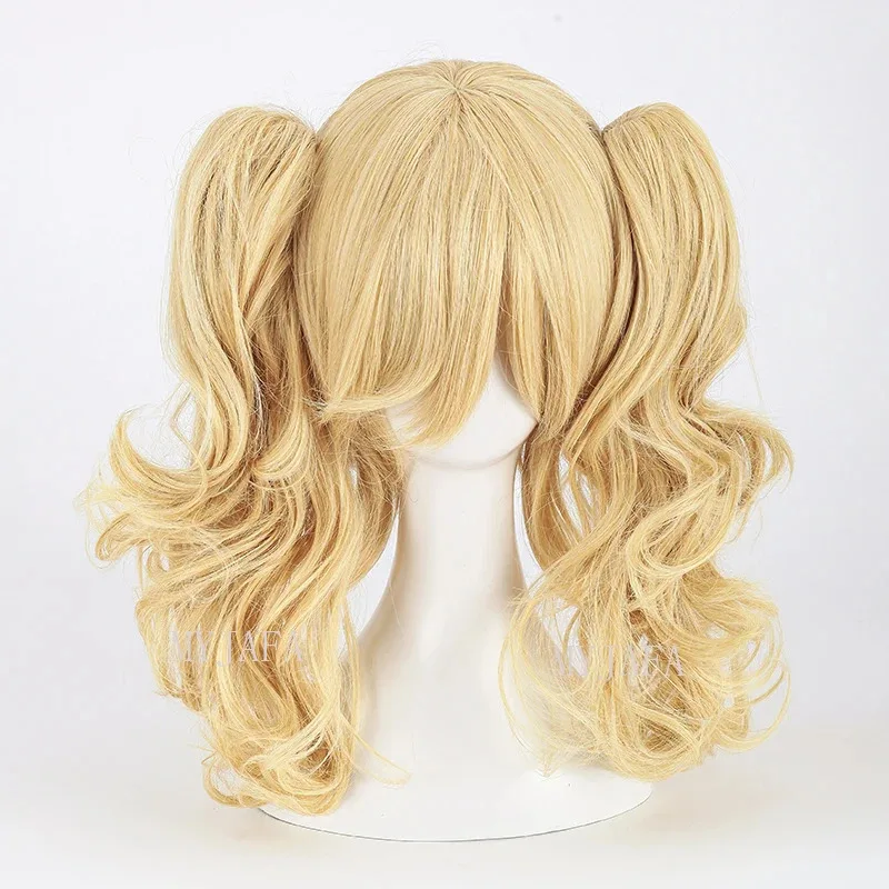 Peluca de Cosplay Quinn de alta calidad, mezcla rubia dorada corta rizada con Clip, coletas, pelucas de pelo sintético resistentes al calor + gorro de peluca