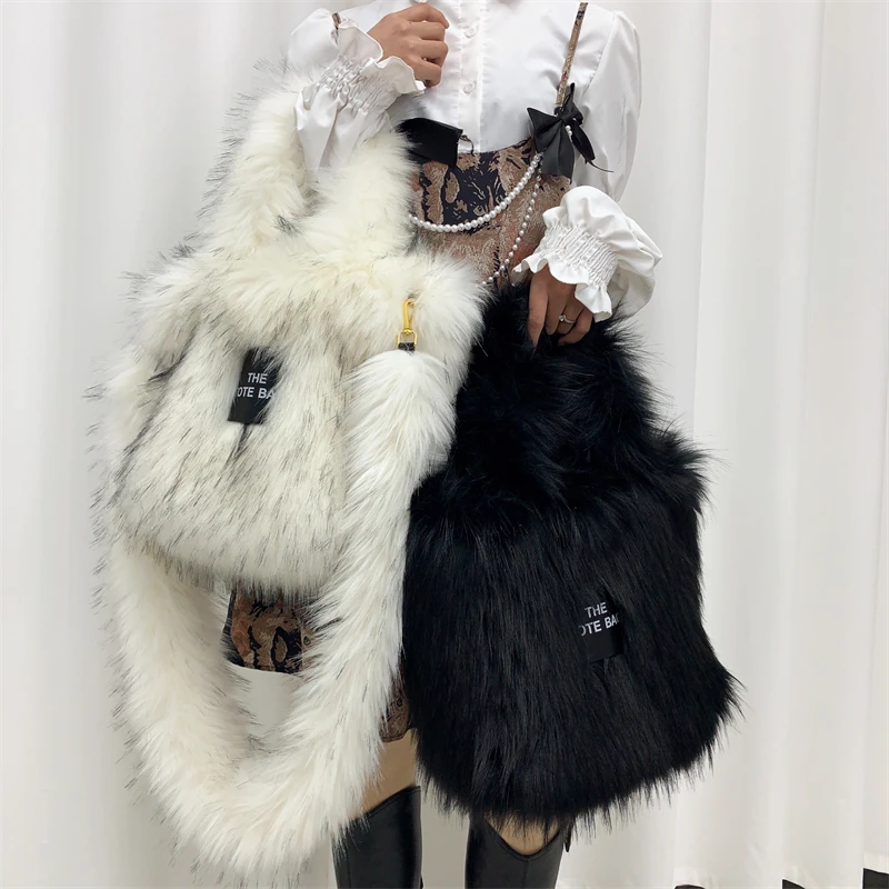 2023 Designer Faux Fur Tote Bag for Women Luxury Handbags Autumn Winter Plush Shoulder Crossbody Bags Brand Shopper Purses Y2K