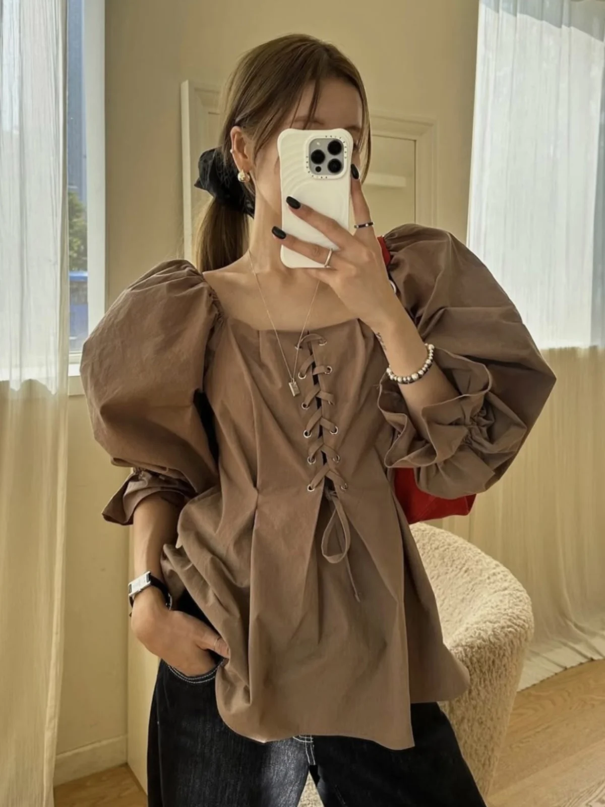 

Dongda Gate Women's Long Sve irt Slim Fit Waist Cinched Bubble Sve Straight Collar Design Cotton Blend Faionable