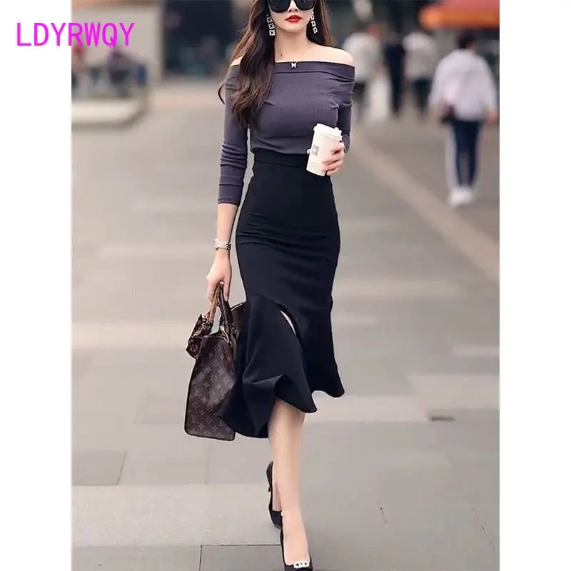 Fishtail skirt split skirt long spring/summer 2023 new high-waist temperament ruffles over-the-knee skirt women