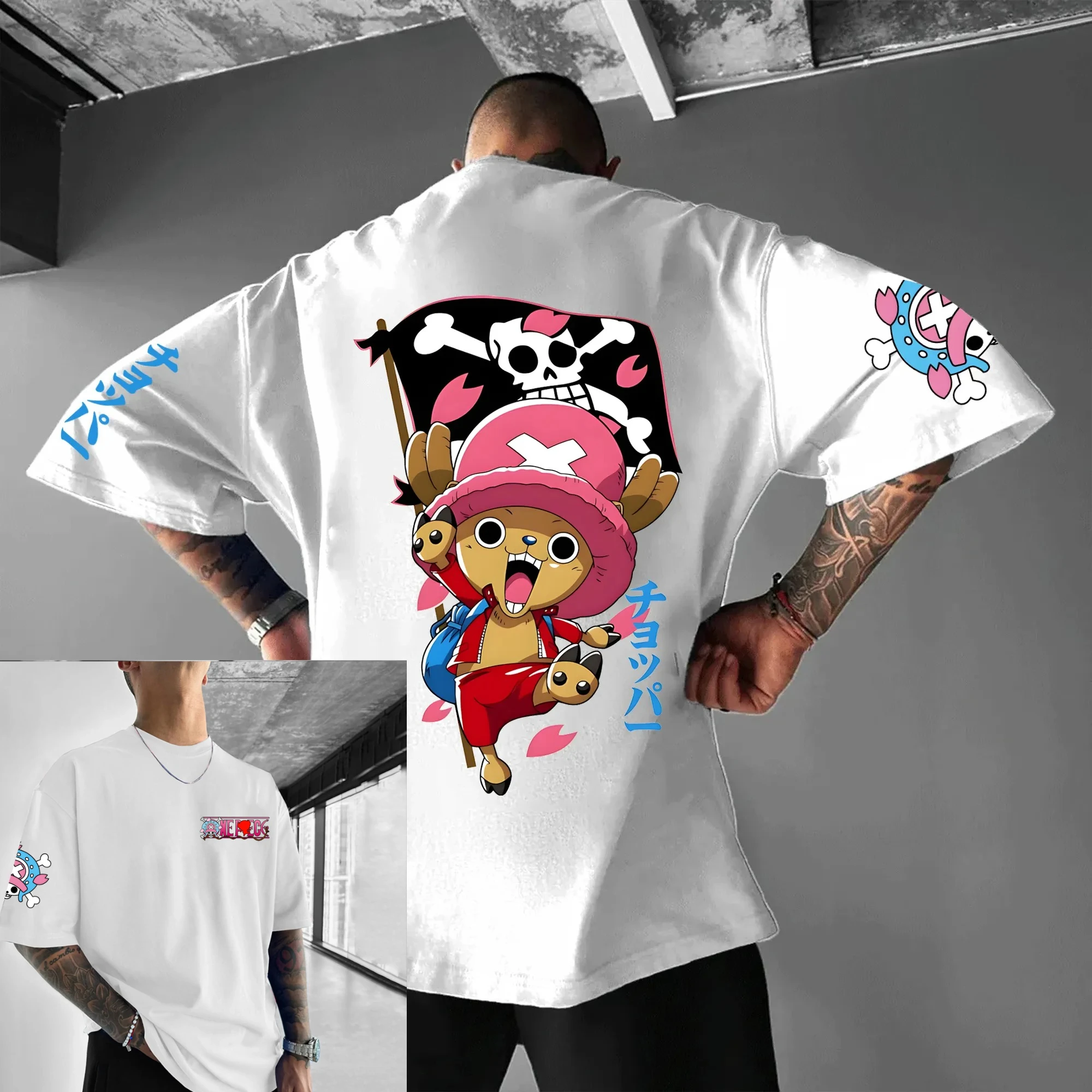 ONE PIECE Zoro Skull Tee Algodón negro Estampado en el pecho izquierdo Bandana verde Gafas Espadas Modelo de tatuaje cruzado Estilo Cadena de plata