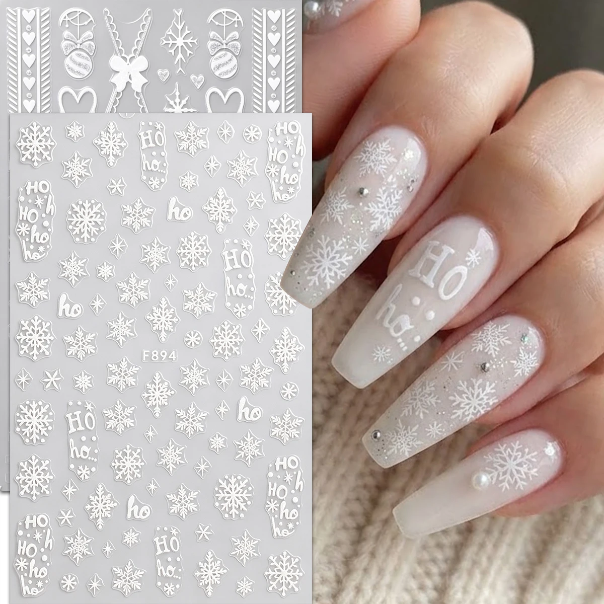 2PCS White Christmas Nail Stickers, Glitter Bow Snowflake Decals, Winter Nail Artist Supplies for New Year Holiday Party