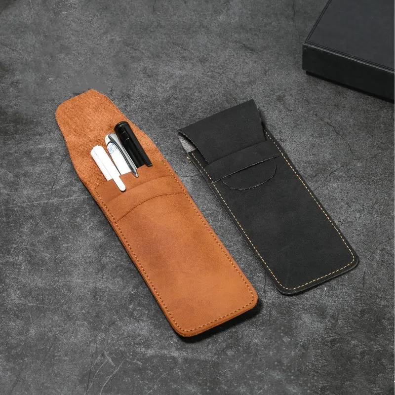 Vintage Leather Pen Case Pocket Pen Pouch Pen Sleeve Mini Stationery Organizer Bag For Students Office Women Men Business Travel