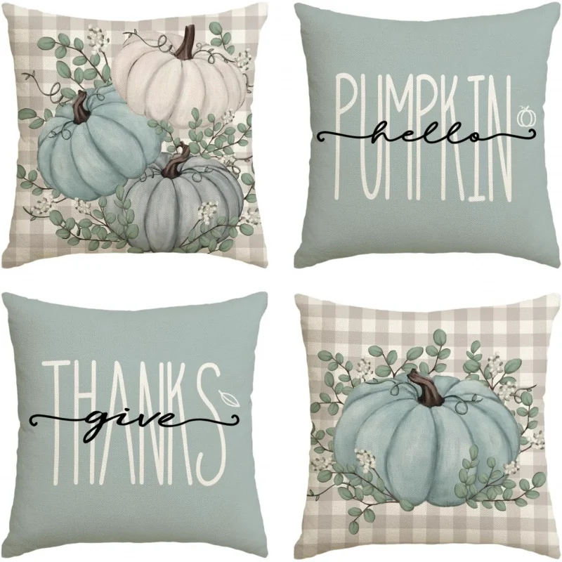 

Hello Pumpkin Thanksgiving Pillow Cover 18x18, set of 4 Eucalyptus Leaf Harvest Decorative Pillowcases