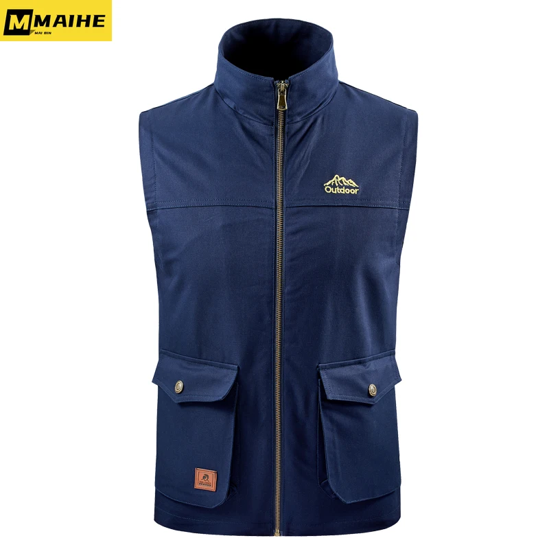 Workwear Vest Men's Spring And Autumn Solid Color Zipper Slim Fit Outdoor Mountain Climbing And Fishing Pure Cotton Vest