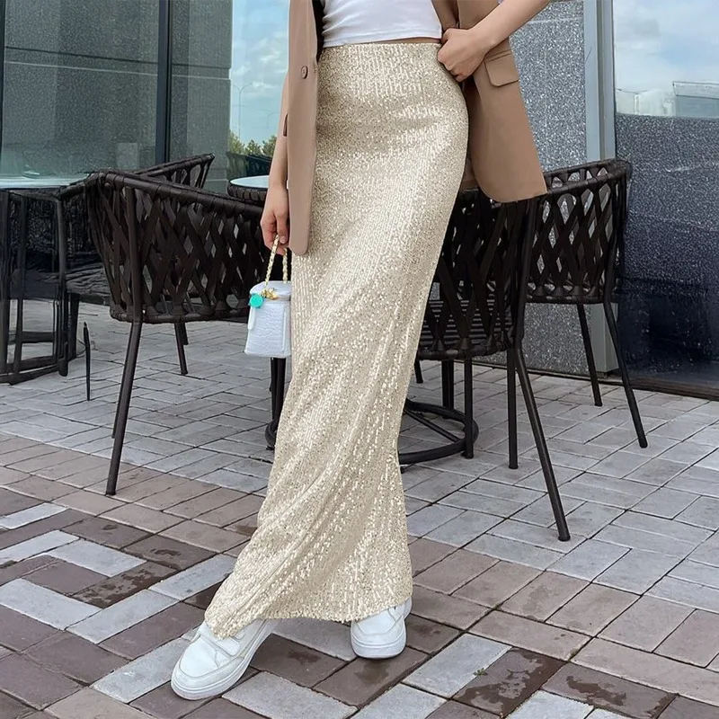 

Tsiisd Fashion Sequin Maxi Skirt Female High Waist Commuting Loose Elegant Evening Party Clubwear Skirt 2026 New Women Y2k Skirt