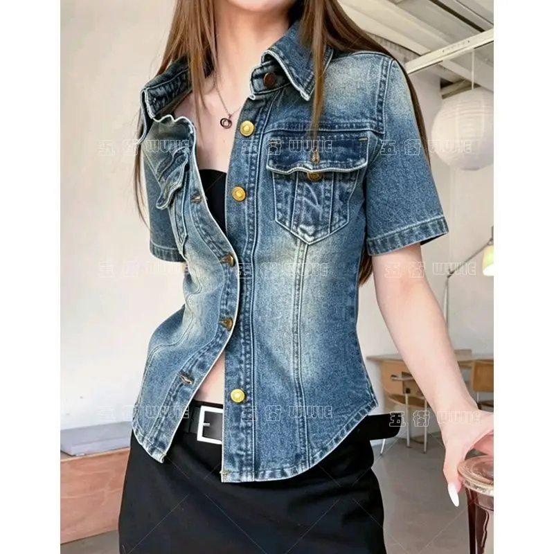 French retro Polo collar short-sleeved denim jacket women's summer 2026 fashion loose single-breasted temperament top