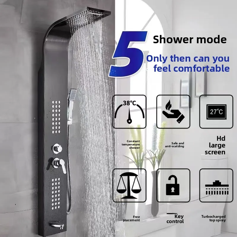 Brushed Stainless Steel Shower Panel Set Five Function Digital Temperature Display Home Use New Model Shower Head and Handle Set