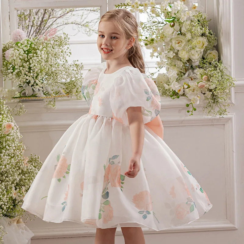 

Новое летнее платье принцессы с объемными рукавами для девочек, праздничное платье для танцев, платье с цветочным принтом для девочек