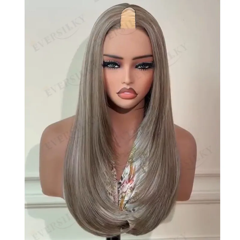 Highlight Grey Blonde Natural Silky Strsight 1x4 Middle U Part Wigs for Black Women Easy Wear Long Glueless Opening V Part Wigs
