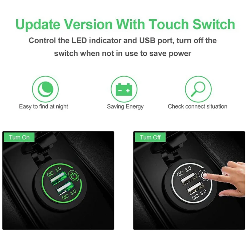 

B92B-4X QC 3.0 Dual USB Charger Socket,Waterproof 12V/24V USB Outlet With Touch-Switch For Car, Marine,Boat,Motorcycle,Green