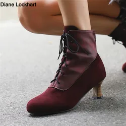 2024 Autumn New Lace Up Ladies High Heel Shoes Strange Steampunk Boot Victorian Ankle Boots Women Round Toe Side Zip Short Boots