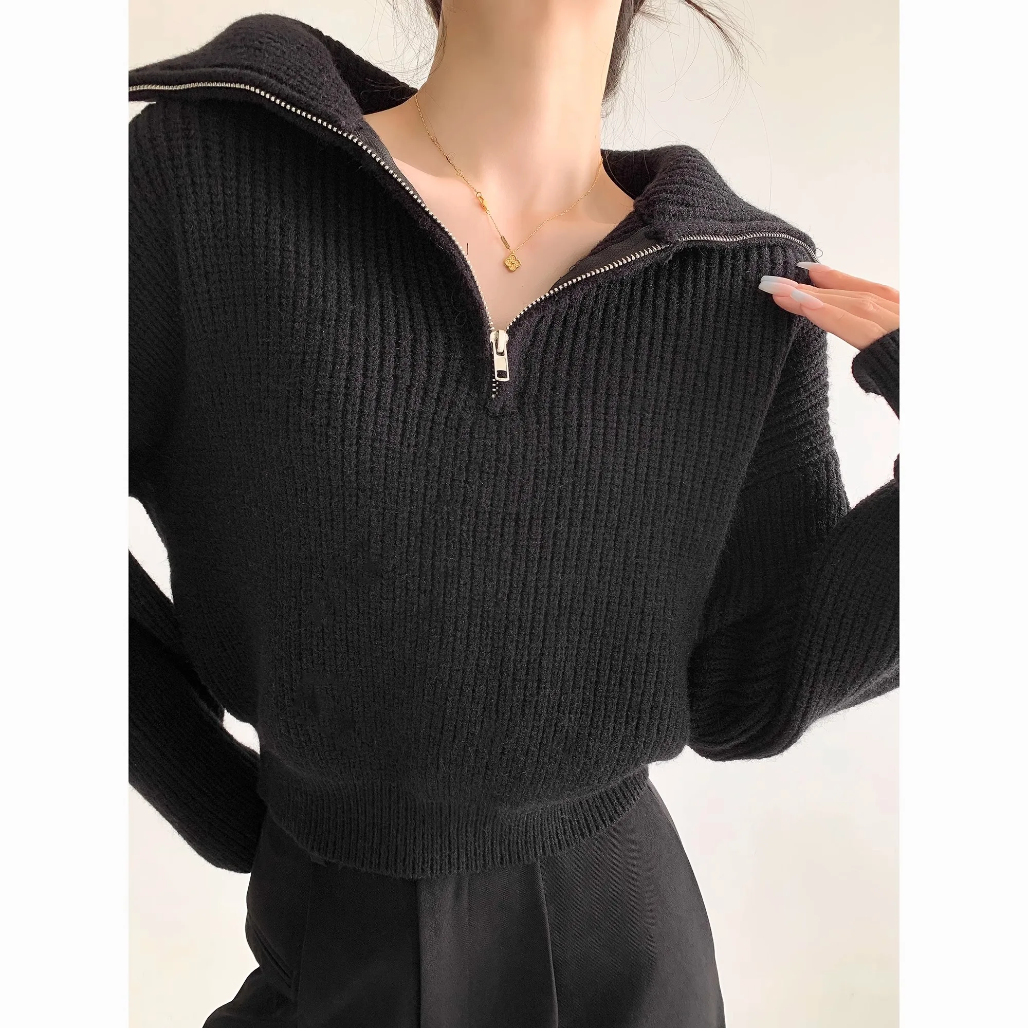 Fashion Thick Turtleneck Zipper Pullover Sweaters Women Loose Long Sleeve Female Solid Knitting Jumpers Autumn Winter