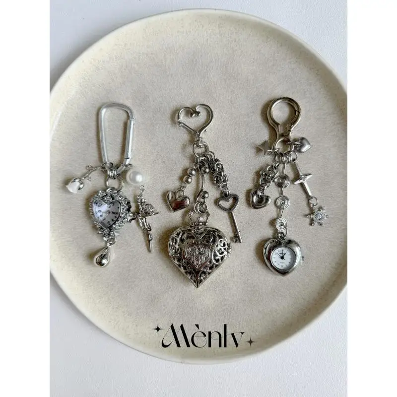 Punk Subculture Keychain Bag Charm Heart Cross Gothic Sweet Openable Heart Locket Pocket Watch Keychain Ita Bag Accessories