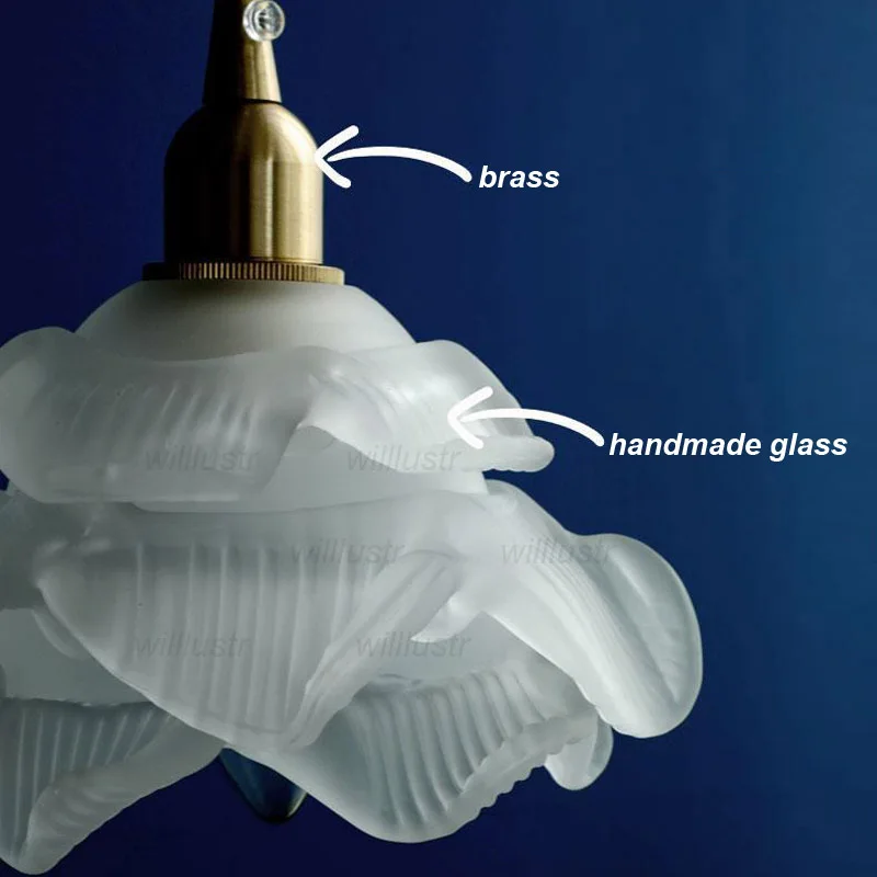 White Yellow Rose Petal Glass Flower Pendant Lamp Creative Suspension Light for Hotel Bedroom Cafe Brass Hanging Ceiling Chandel