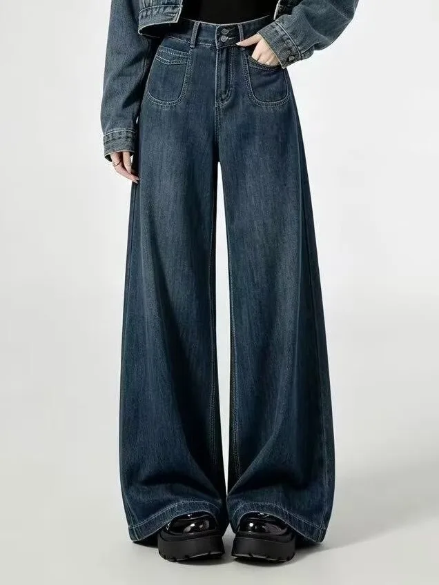 Retro Wide Leg Denim Jeans Women Loose BF Lazy Style plus Size Pear Shape Body Slimming Trousers High Waist Jeans for Ladies