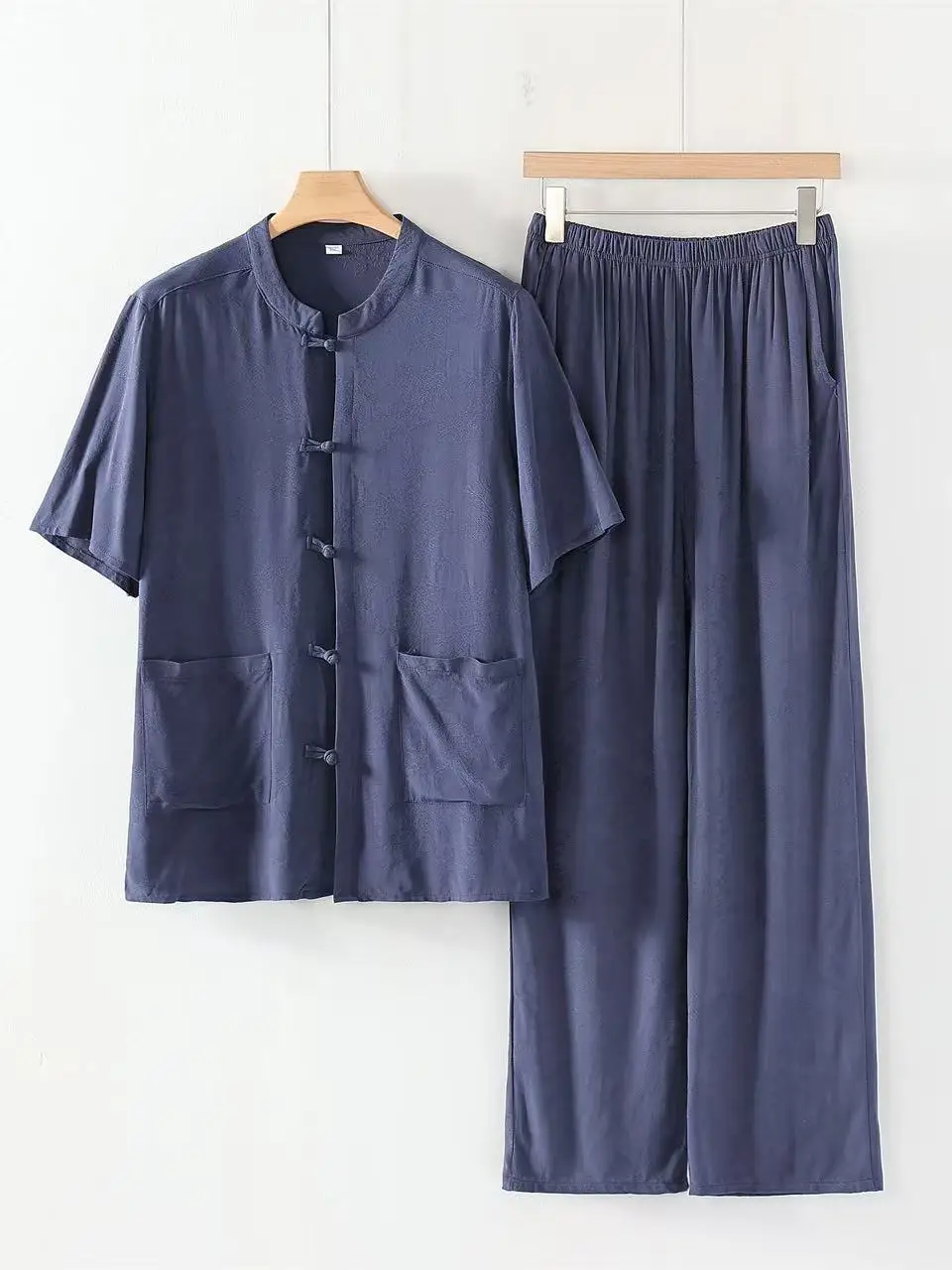 Cotton Silk Men's Summer Thin Floral Embroidery Stand Collar Simple Large Size Short Sleeve Top Loose Pants Home Clothes Set