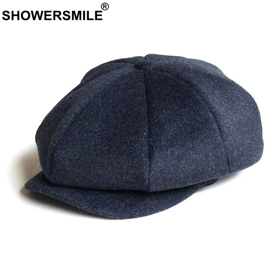 SHOWERSMILE Gray Men Newsboy Cap Woolen Herringbone Flat Caps Coffee Retro Eight Piece Male Vintage Autumn Winter Octagonal Hats