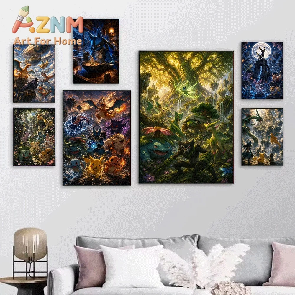 Japanese Ukiyo-e Style Pokemon Canvas Wall Art No Frame Vintage Anime Creature Print Poster for Living Room Bedroom Home Wall