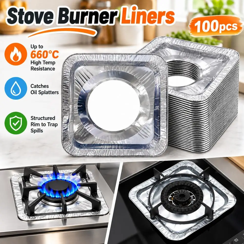 30/50/100PCS Aluminum Foil Burner Covers Disposable Stove Liners for Gas Cooktops Oil-Proof Cooking Protectors (Easy Clean)