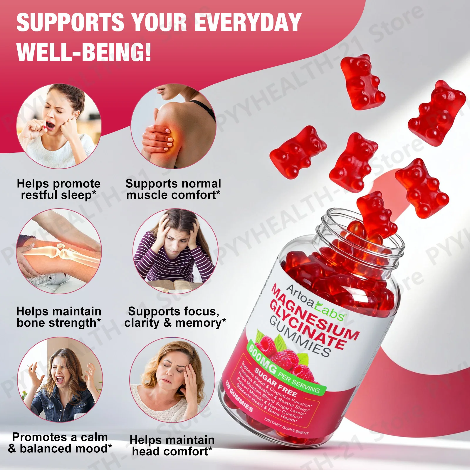 Magnesium Glycinate Gummies Promote Restful Sleep & Muscle Relaxation & Calm Mood Mental Focus 120pcs Sugar Free for Insomnia
