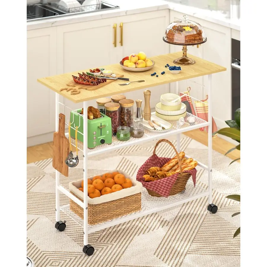3段棚付きアイランド、6つのフックと保護棚付きの移動式キッチンカート、ロック可能な車輪付き電子レンジスタンド、ベーカーズラックC