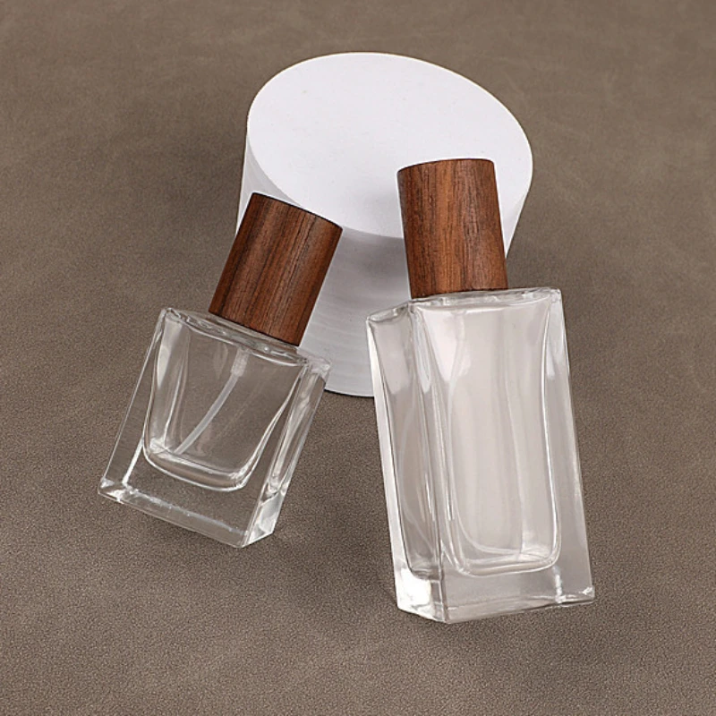 30ml 50ml Refillable Container Cap Emrty Glass Portable Travel Flat Square Spray Bottle Replacement Wooden Lid