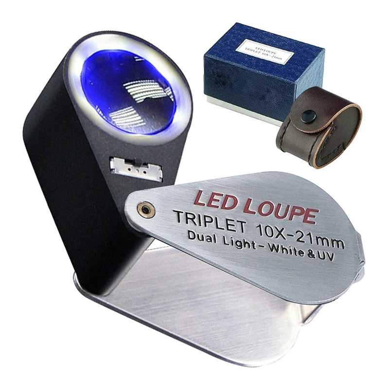 プロのダブルライトトリプル照明ルーペ,6つのLED UVライトを備えた10倍のジュエリー拡大鏡,21mmレンズ