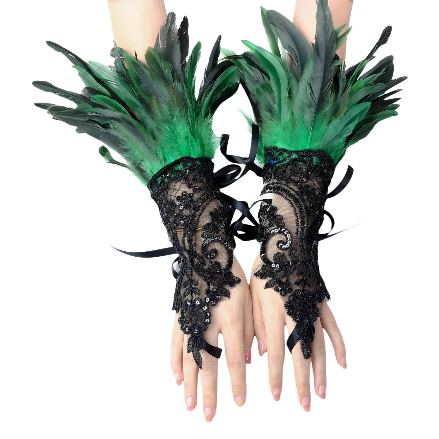 1 par de guantes largos de plumas de imitación de encaje Sexy, manga de malla gótica, manopla bordada para fiesta de Halloween, accesorios de escenario para mujer