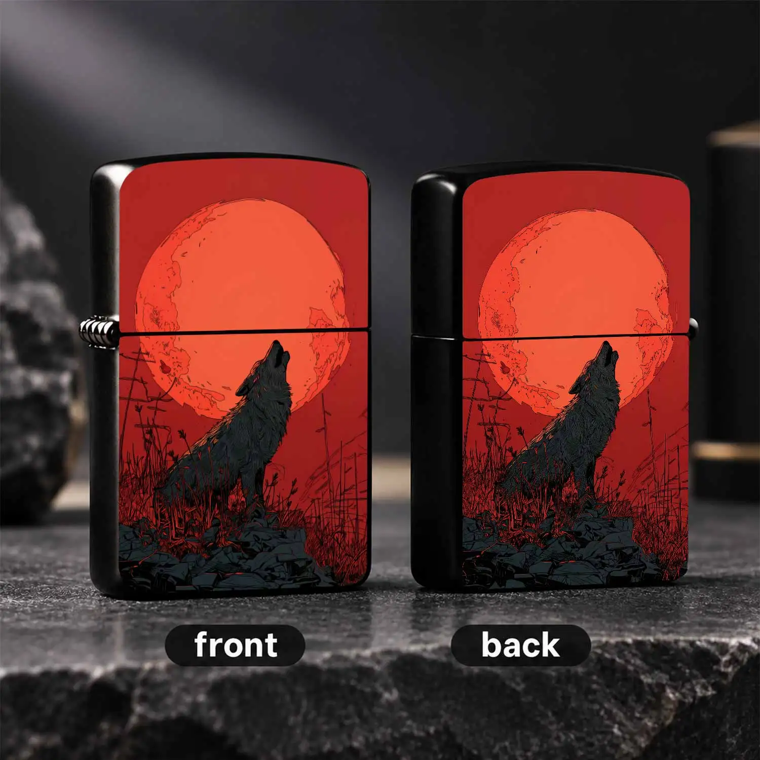 Creative Blood Moon Wolf Howling Pattern Lighter, Stylish Artistic Lone Wolf Under Full Moon Design Portable Igniter, Versatile Daily Use Accessory For Outdoor Travel Home Office, Unique Cool Themed Gift For Nature Art A Humorous And Intere