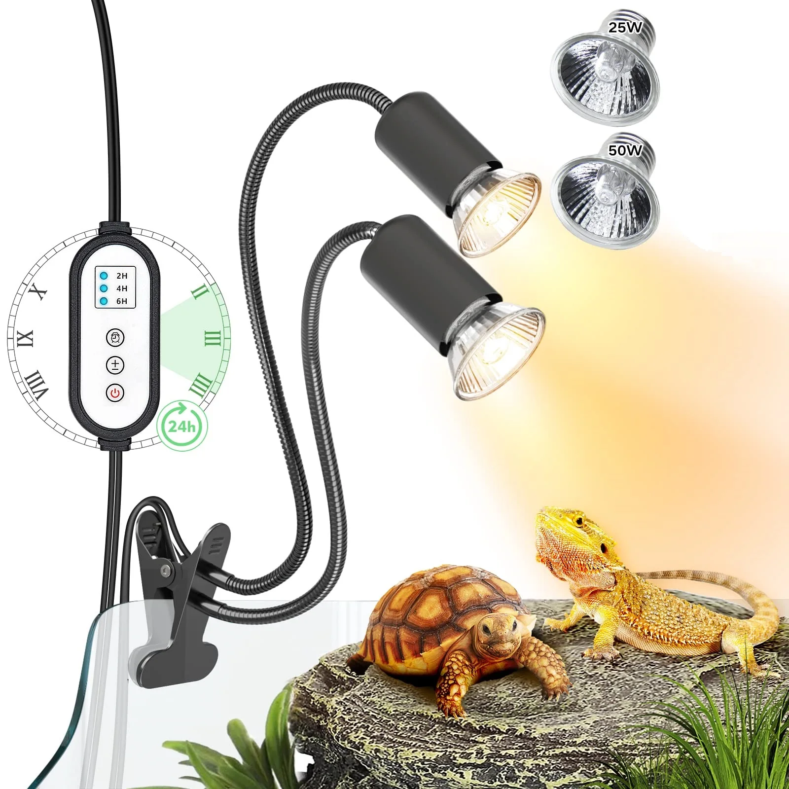 iGrowsla Dual-Head Reptile Heat Lamp Light with Timer 2/4/8H,2PCS 50W UVA/B Bulb Habitat and Clamp for Turtles, Lizard, Snake