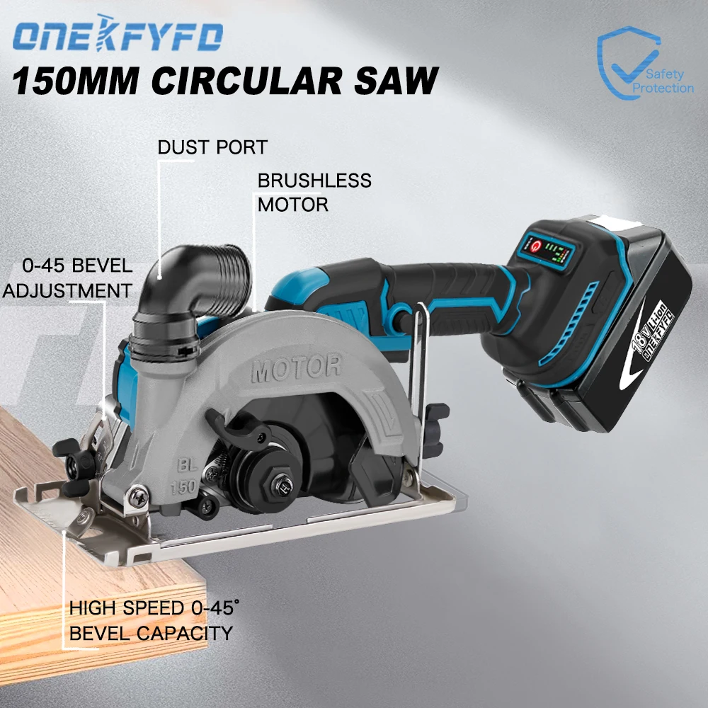 ONEKFYFD Brushless 6In Electric Circular Saw 150mm Cordless 45° Adjust Woodworking Power Tools for Makita 18V Lithium Battery