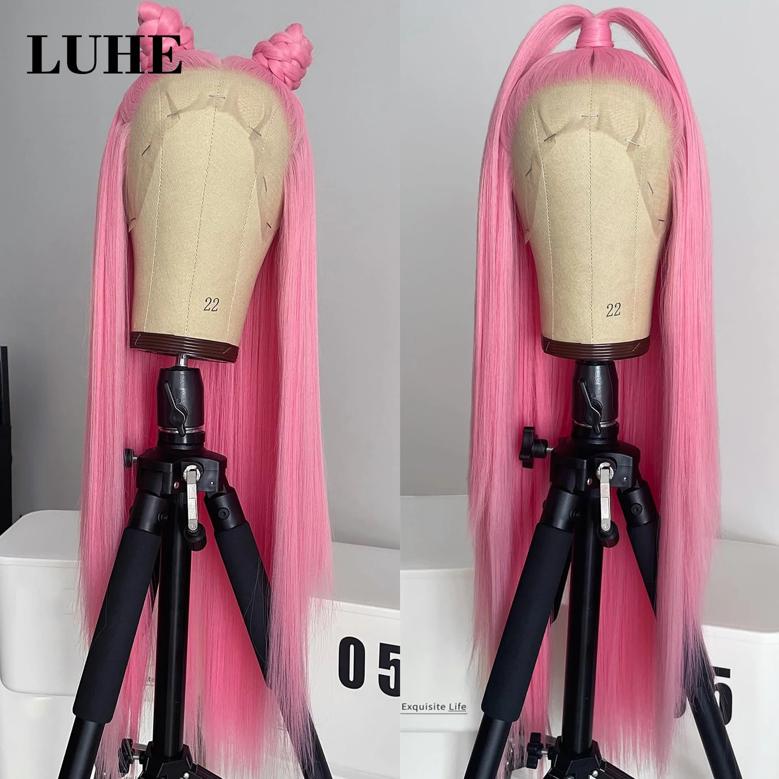 Wig renda depan merah muda 13x3 rambut palsu lurus panjang sintetis Wig Frontal tahan panas pra-pencabutan untuk wanita mode