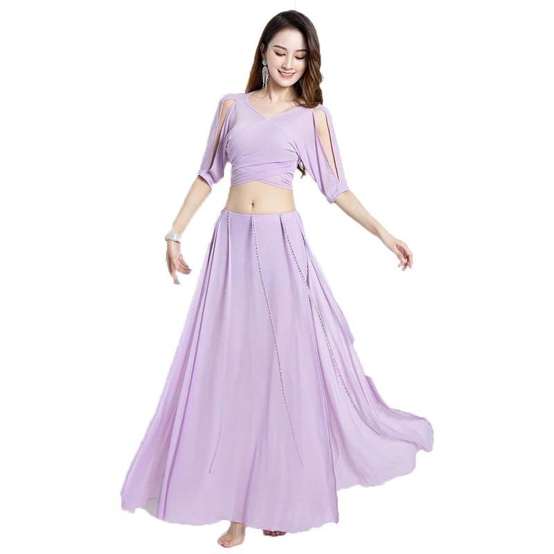 New Sexy Belly Dance Costume Mesh Adult Women 2 Piece Dress Oriental Dance Practice Wear Hip Scarf Skirt Performance Clothes Set