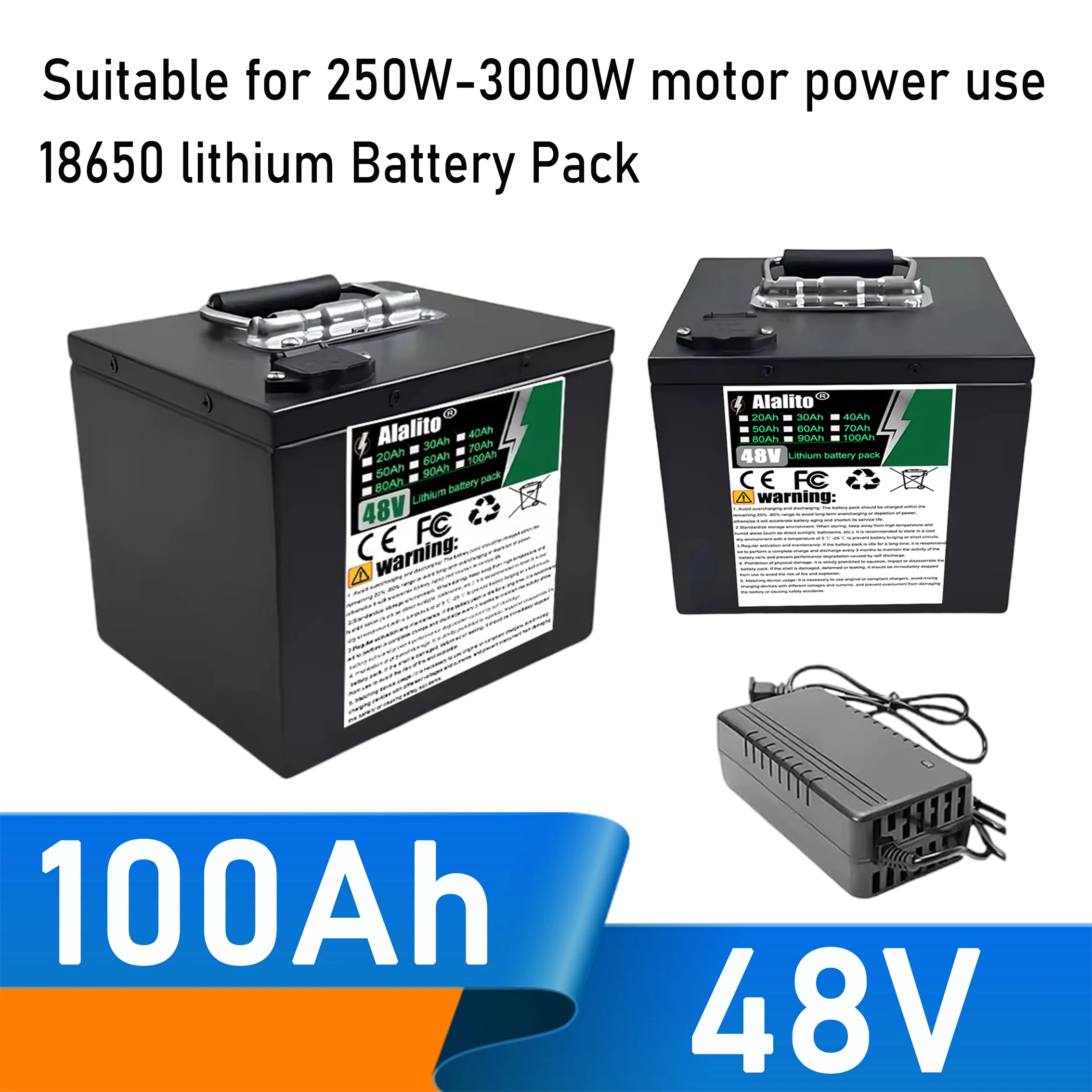 Image of 48V 20Ah-100Ah, 18650 Lithium-Ionen-Akku, Eisenbox-Gehäuse, wasserdicht, mehrere Kapazitätsoptionen, geeignet für Motoren unter 3000W