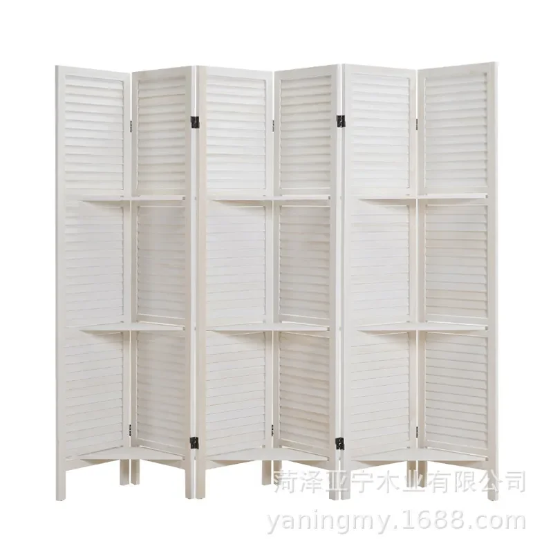 Antique Wooden Folding Louver Screen Room Divider with Shelf for Living Room Entrance Partition Decor