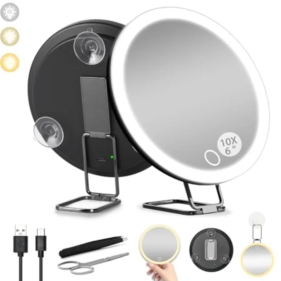 

6" 10x Magnifying Mirror with Light Suction Cup, Led Close up Makeup Mirror with 360° Stand, 3 Color Lighted Personal Mirror 10